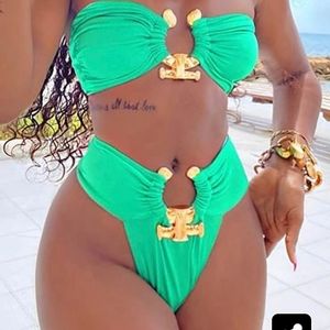 Green Hammered Trim Bikini Top And Bottom